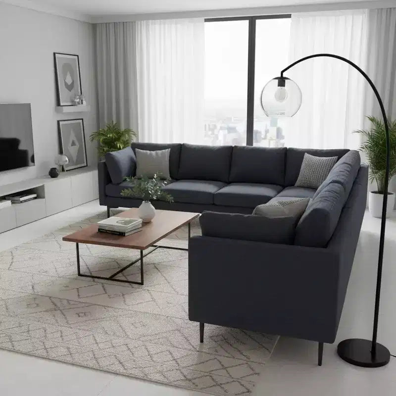 Canapé d'angle en forme de L Homy Casa 106, canapé moderne en tissu de lin 6 places avec pieds en métal et 2 oreillers, sièges de salon d'angle, gris foncé