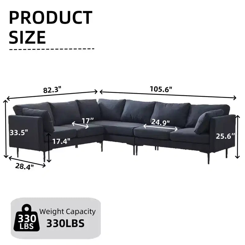 Canapé d'angle en forme de L Homy Casa 106, canapé moderne en tissu de lin 6 places avec pieds en métal et 2 oreillers, sièges de salon d'angle, gris foncé