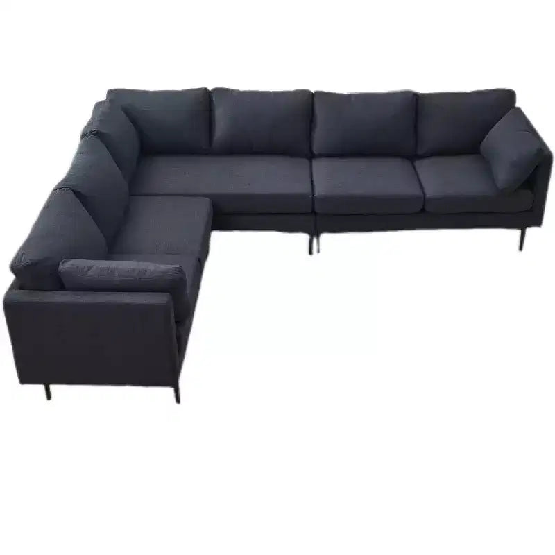 Canapé d'angle en forme de L Homy Casa 106, canapé moderne en tissu de lin 6 places avec pieds en métal et 2 oreillers, sièges de salon d'angle, gris foncé