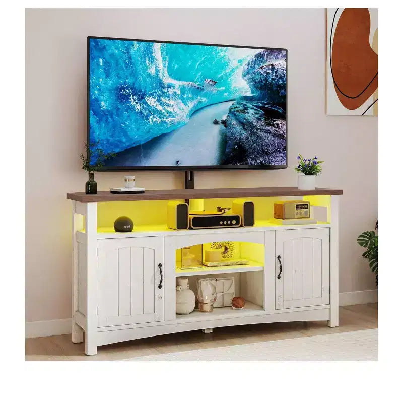 Farmhouse TV Stand with Mount for 70 Inch TV ,LED Entertainment Center with Storage & Power Outlets for Living Room