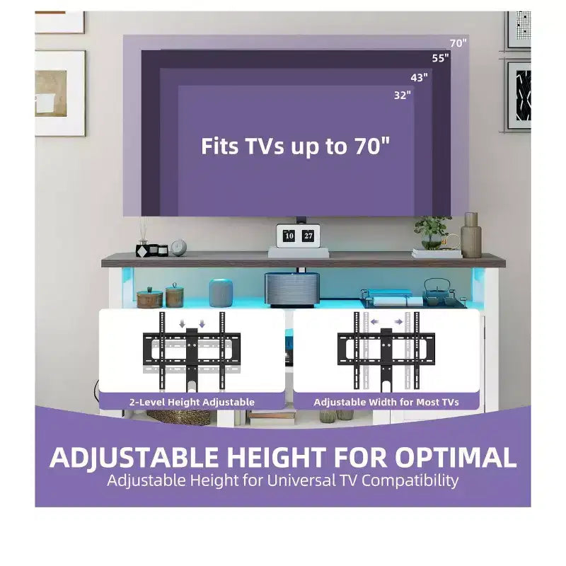 Meuble TV de ferme avec support pour téléviseur de 70 pouces, centre de divertissement LED avec rangement et prises de courant pour salon