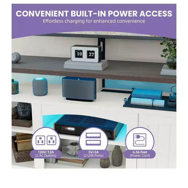 Meuble TV de ferme avec support pour téléviseur de 70 pouces, centre de divertissement LED avec rangement et prises de courant pour salon