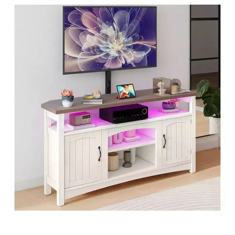 Meuble TV de ferme avec support pour téléviseur de 70 pouces, centre de divertissement LED avec rangement et prises de courant pour salon