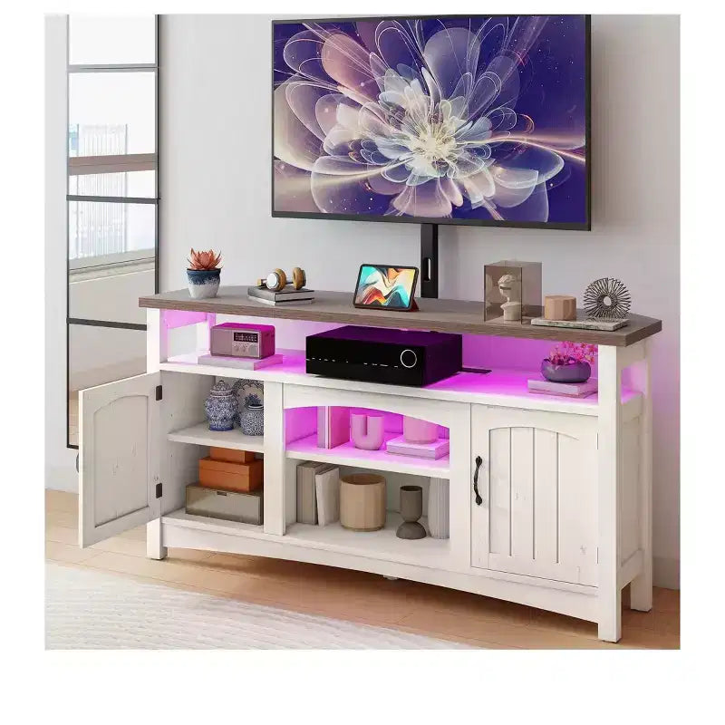 Meuble TV de ferme avec support pour téléviseur de 70 pouces, centre de divertissement LED avec rangement et prises de courant pour salon