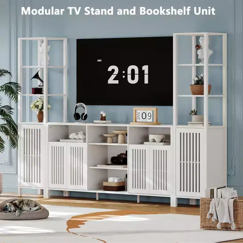 Meuble TV de ferme rustique pour téléviseurs jusqu'à 70 pouces, centre de divertissement multifonctionnel avec étagères et armoire de rangement, console multimédia polyvalente