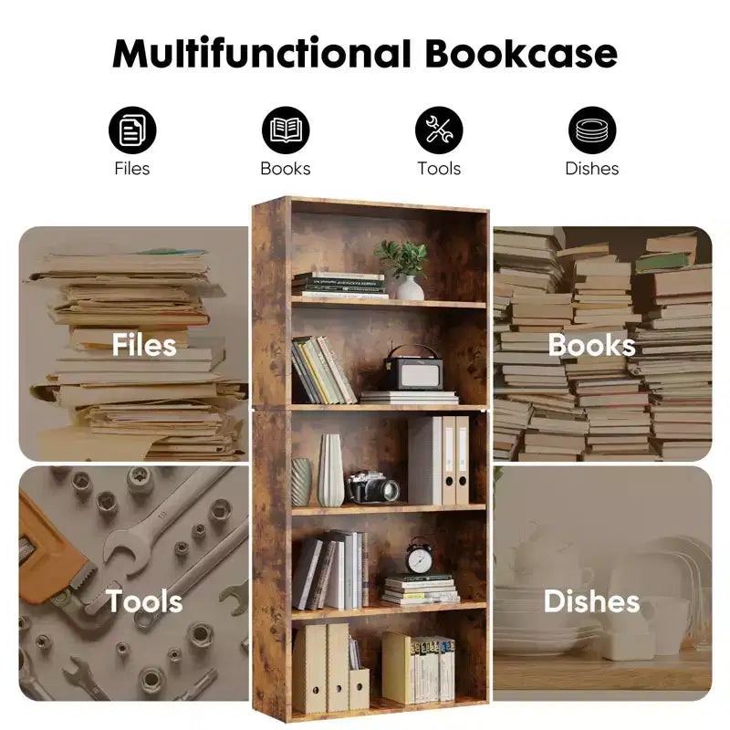 TUYOHW Étagère à Livres Moderne à 5/6 Niveaux avec Dispositif Anti-Basculement, Bibliothèque de Rangement en MDF Effet Bois pour Chambre, Salon et Bureau à Domicile