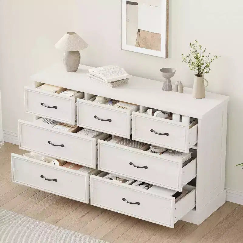 Commode de rangement de 140 cm de large à 7 tiroirs, commode de style ferme à 7 tiroirs avec base robuste, meuble TV en bois pour chambre à coucher, salon ou chambre d'enfant