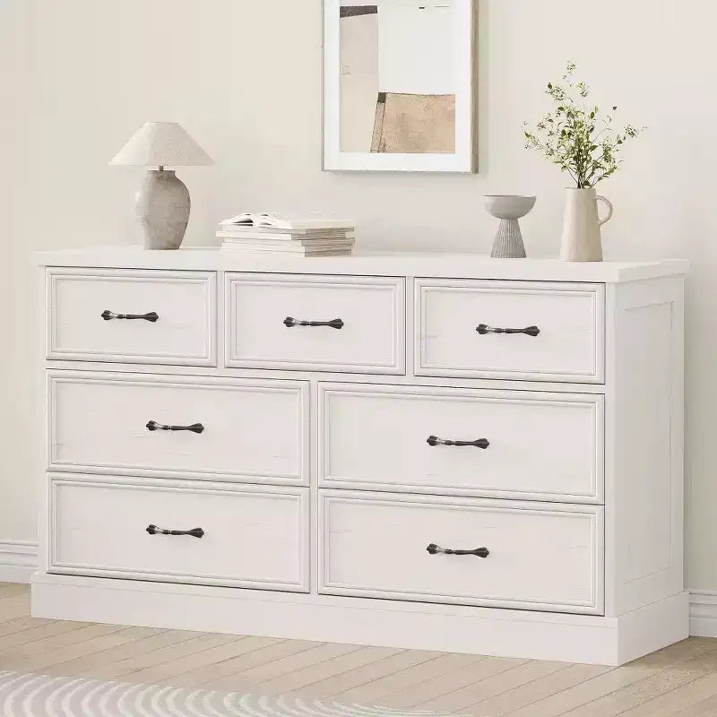 Commode de rangement de 140 cm de large à 7 tiroirs, commode de style ferme à 7 tiroirs avec base robuste, meuble TV en bois pour chambre à coucher, salon ou chambre d'enfant