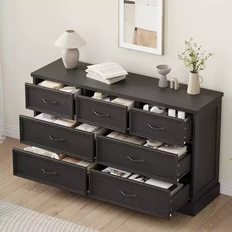 Commode de rangement de 140 cm de large à 7 tiroirs, commode de style ferme à 7 tiroirs avec base robuste, meuble TV en bois pour chambre à coucher, salon ou chambre d'enfant
