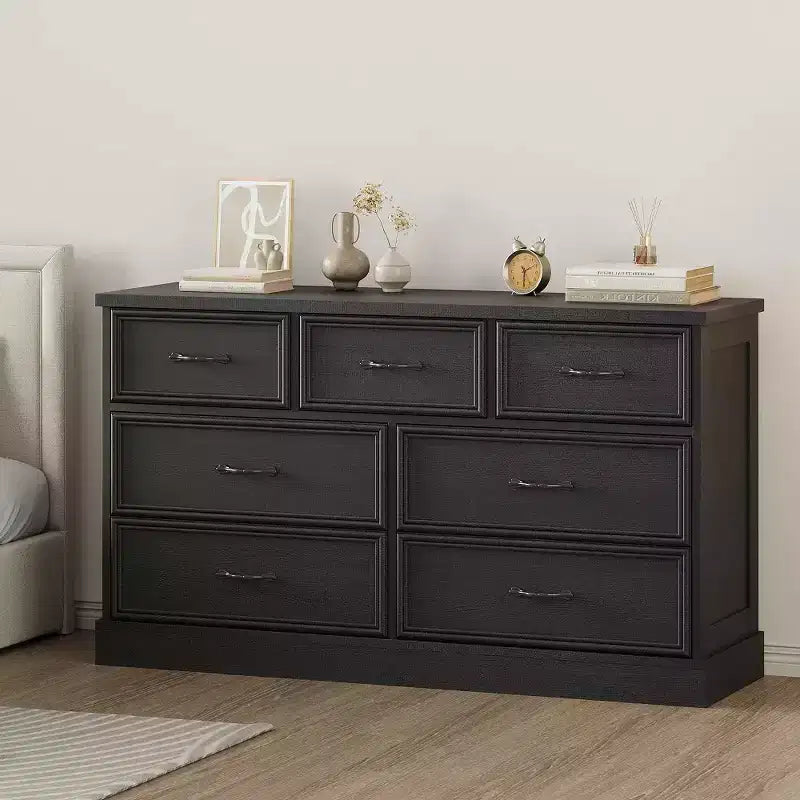 Commode de rangement de 140 cm de large à 7 tiroirs, commode de style ferme à 7 tiroirs avec base robuste, meuble TV en bois pour chambre à coucher, salon ou chambre d'enfant
