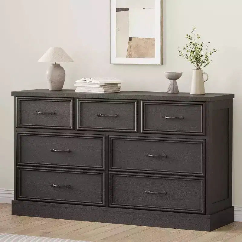 Commode de rangement de 140 cm de large à 7 tiroirs, commode de style ferme à 7 tiroirs avec base robuste, meuble TV en bois pour chambre à coucher, salon ou chambre d'enfant