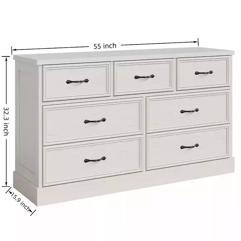 Commode de rangement de 140 cm de large à 7 tiroirs, commode de style ferme à 7 tiroirs avec base robuste, meuble TV en bois pour chambre à coucher, salon ou chambre d'enfant