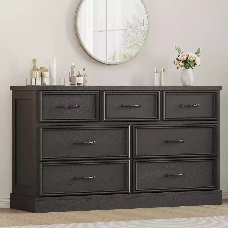 55 Wide 7 Chest of Drawers Storage, Farmhouse 7 Drawer Dresser with Sturdy Foundation, Wooden TV Stand for Bedroom Living Room Nursery