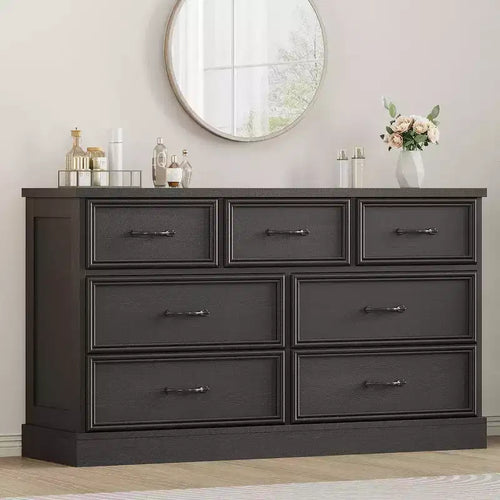 55 Wide 7 Chest of Drawers Storage, Farmhouse 7 Drawer Dresser with Sturdy Foundation, Wooden TV Stand for Bedroom Living Room Nursery
