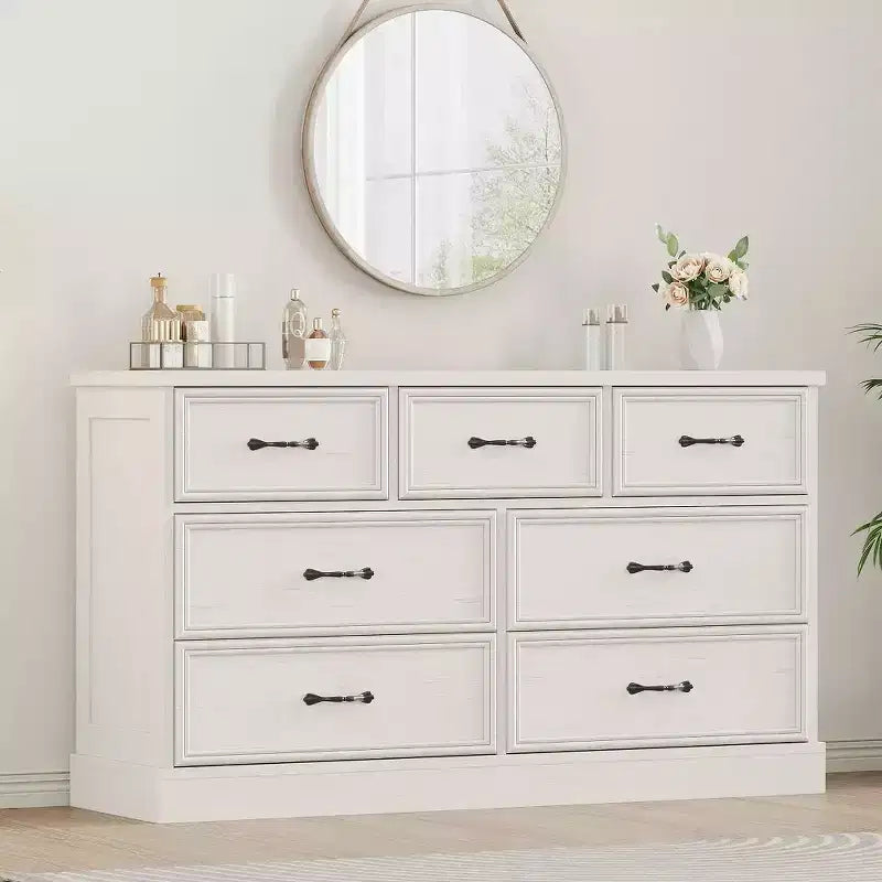 Commode de rangement de 140 cm de large à 7 tiroirs, commode de style ferme à 7 tiroirs avec base robuste, meuble TV en bois pour chambre à coucher, salon ou chambre d'enfant