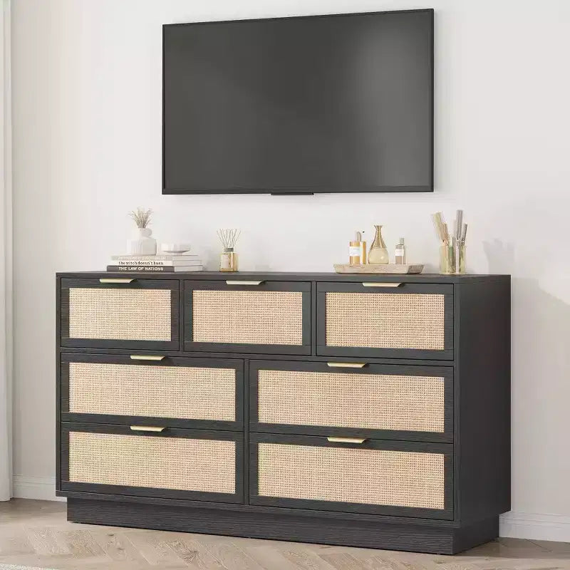 55.1 Inch Wide Rattan 7 Drawer Dresser, 7 Chest of Drawers with Metal Handles and Wooden Sturdy Base for Bedroom Living Room Nursery
