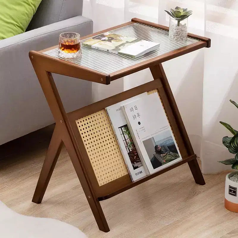 JVNOXK 17.7 inchRattan Nightstand Side Table, Bamboo Accent Bedside Tables, Glass Coffee Tables, Boho End Table with Storage for Small Space Brown