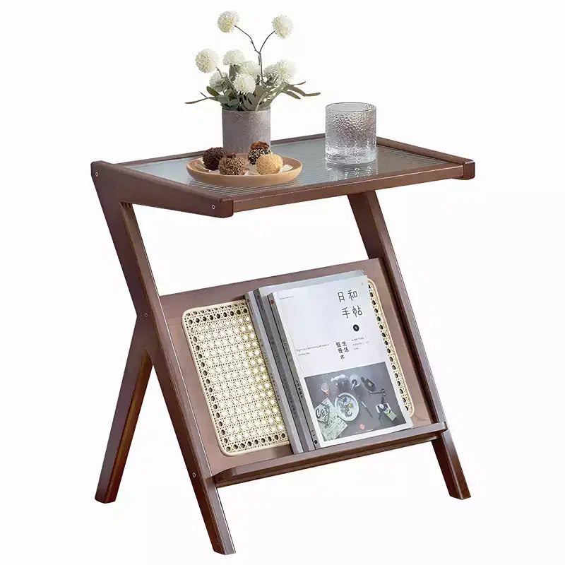 JVNOXK 17.7 inch Table de Chevet en Rotin, Tables d'Appoint en Bambou, Tables Basses en Verre, Table d'Extrémité Bohème avec Rangement pour Petit Espace Marron