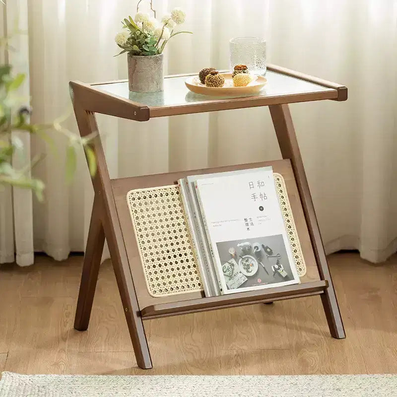 JVNOXK 17.7 inch Table de Chevet en Rotin, Tables d'Appoint en Bambou, Tables Basses en Verre, Table d'Extrémité Bohème avec Rangement pour Petit Espace Marron
