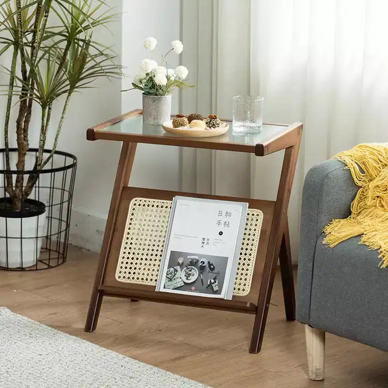 JVNOXK 17.7 inch Table de Chevet en Rotin, Tables d'Appoint en Bambou, Tables Basses en Verre, Table d'Extrémité Bohème avec Rangement pour Petit Espace Marron