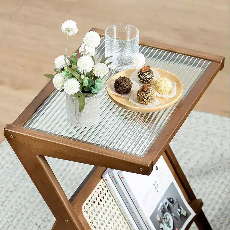 JVNOXK 17.7 inch Table de Chevet en Rotin, Tables d'Appoint en Bambou, Tables Basses en Verre, Table d'Extrémité Bohème avec Rangement pour Petit Espace Marron