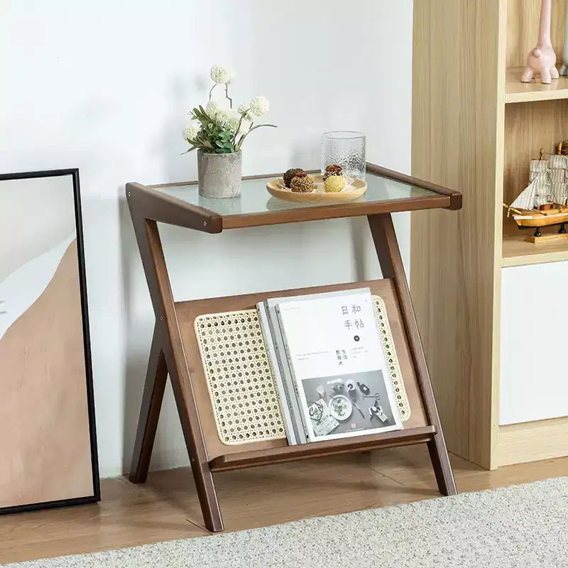 JVNOXK 17.7 inch Table de Chevet en Rotin, Tables d'Appoint en Bambou, Tables Basses en Verre, Table d'Extrémité Bohème avec Rangement pour Petit Espace Marron