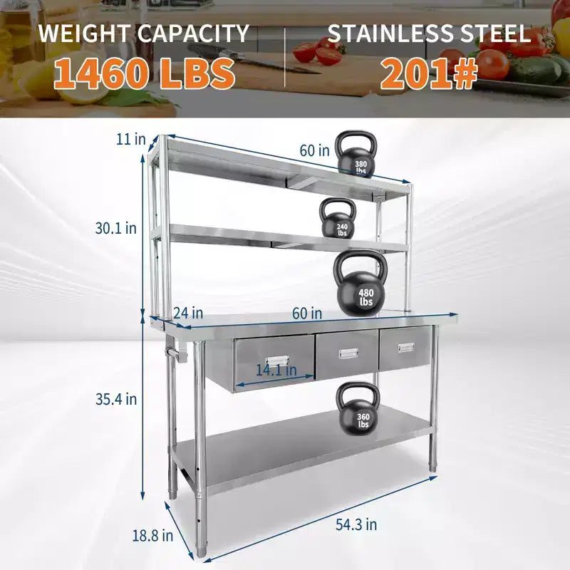 Table en acier inoxydable avec étagères et tiroirs, table de préparation pour cuisine professionnelle, plan de travail commercial réglable