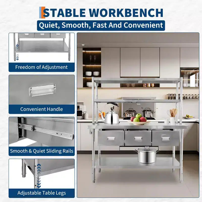 Table en acier inoxydable avec étagères et tiroirs, table de préparation pour cuisine professionnelle, plan de travail commercial réglable