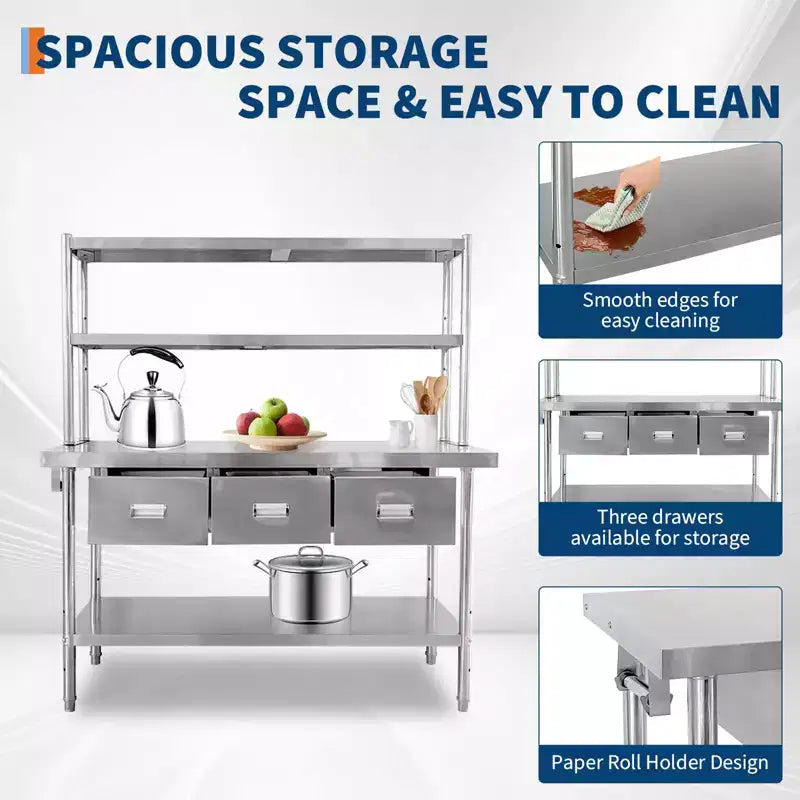 Table en acier inoxydable avec étagères et tiroirs, table de préparation pour cuisine professionnelle, plan de travail commercial réglable