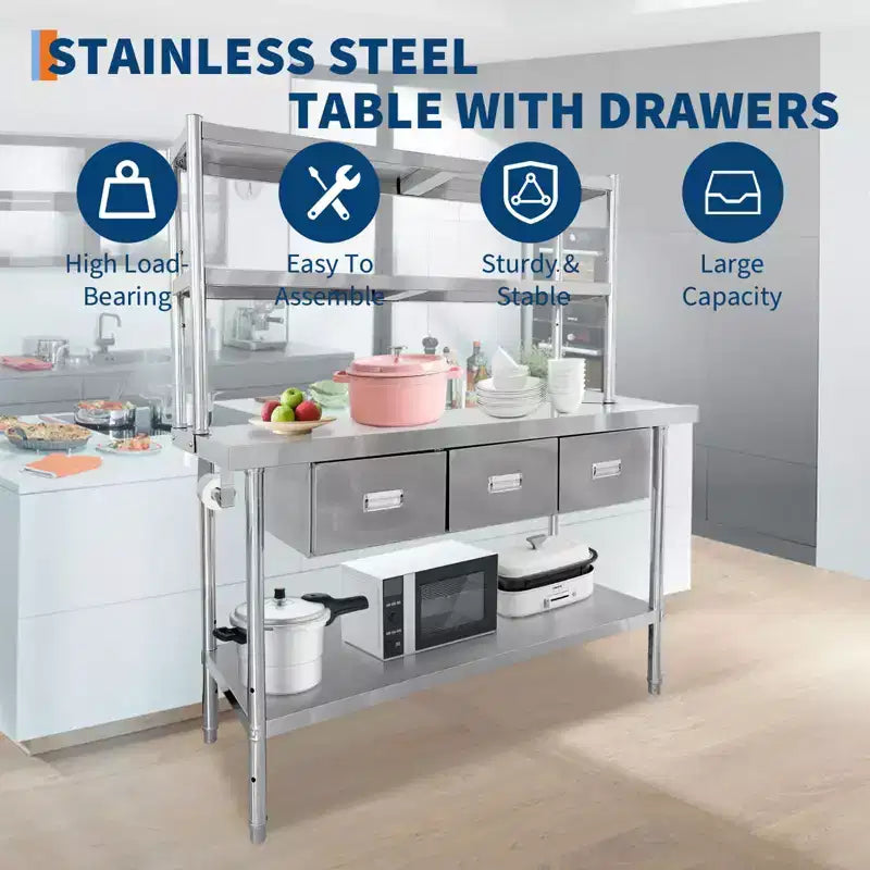 Table en acier inoxydable avec étagères et tiroirs, table de préparation pour cuisine professionnelle, plan de travail commercial réglable
