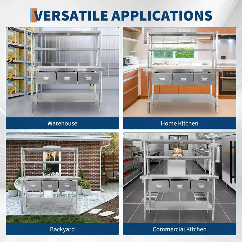 Table en acier inoxydable avec étagères et tiroirs, table de préparation pour cuisine professionnelle, plan de travail commercial réglable