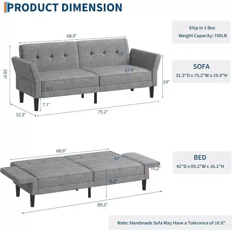 Canapé convertible, lit de repos avec assise profonde et accoudoir à dossier réglable pour salon de maison