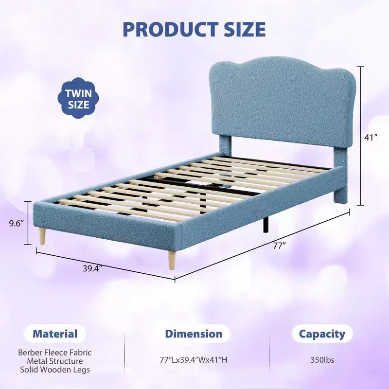 Cadre de lit double rembourré pour enfants avec tête de lit festonnée, lit double mignon en velours pour filles, garçons, lit plateforme robuste, pas besoin de sommier tapissier