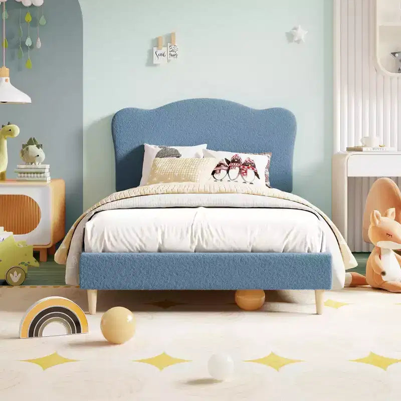 Cadre de lit double rembourré pour enfants avec tête de lit festonnée, lit double mignon en velours pour filles, garçons, lit plateforme robuste, pas besoin de sommier tapissier