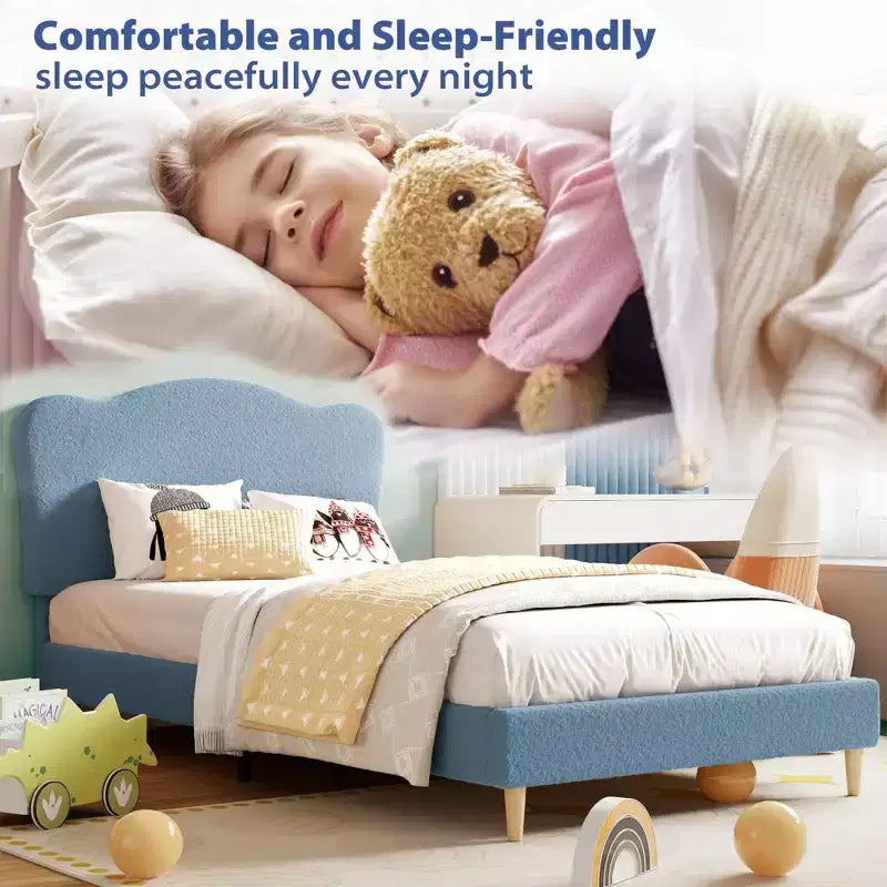 Cadre de lit double rembourré pour enfants avec tête de lit festonnée, lit double mignon en velours pour filles, garçons, lit plateforme robuste, pas besoin de sommier tapissier