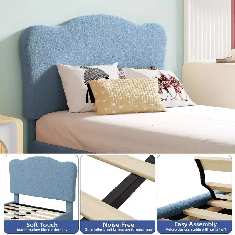 Cadre de lit double rembourré pour enfants avec tête de lit festonnée, lit double mignon en velours pour filles, garçons, lit plateforme robuste, pas besoin de sommier tapissier