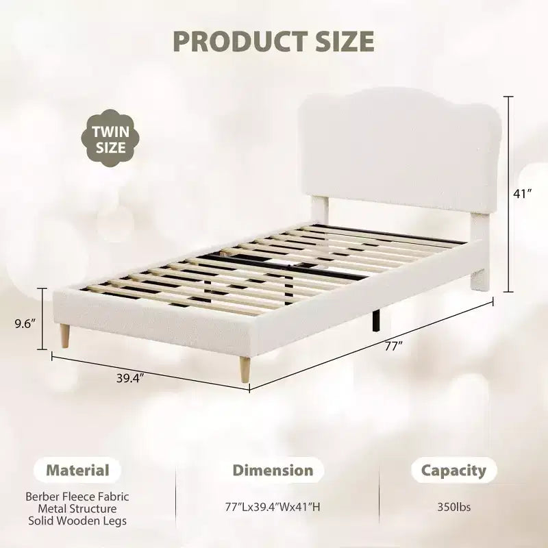 Cadre de lit double rembourré pour enfants avec tête de lit festonnée, lit double mignon en velours pour filles, garçons, lit plateforme robuste, pas besoin de sommier tapissier