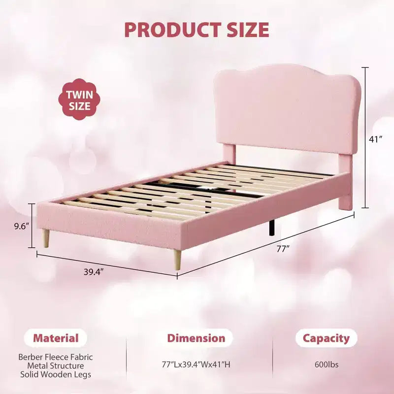 Cadre de lit double rembourré pour enfants avec tête de lit festonnée, lit double mignon en velours pour filles, garçons, lit plateforme robuste, pas besoin de sommier tapissier