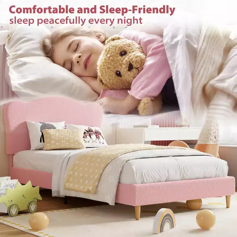 Cadre de lit double rembourré pour enfants avec tête de lit festonnée, lit double mignon en velours pour filles, garçons, lit plateforme robuste, pas besoin de sommier tapissier