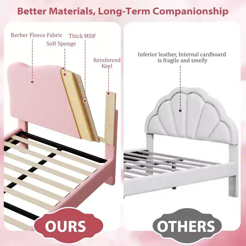 Cadre de lit double rembourré pour enfants avec tête de lit festonnée, lit double mignon en velours pour filles, garçons, lit plateforme robuste, pas besoin de sommier tapissier