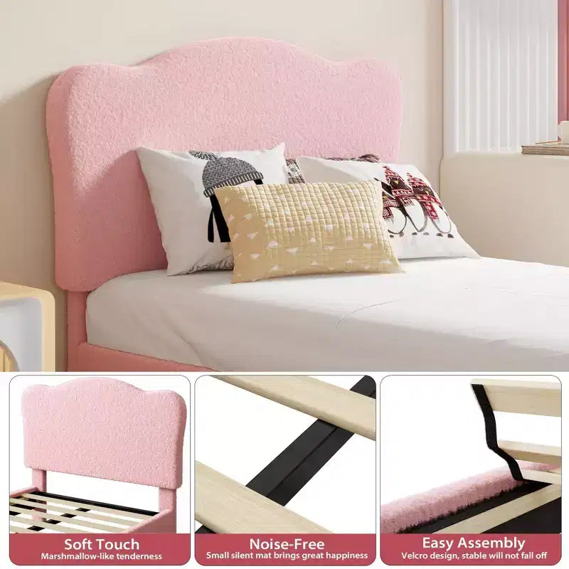 Cadre de lit double rembourré pour enfants avec tête de lit festonnée, lit double mignon en velours pour filles, garçons, lit plateforme robuste, pas besoin de sommier tapissier