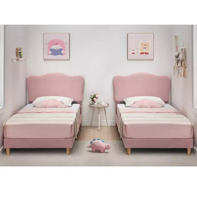 Cadre de lit double rembourré pour enfants avec tête de lit festonnée, lit double mignon en velours pour filles, garçons, lit plateforme robuste, pas besoin de sommier tapissier