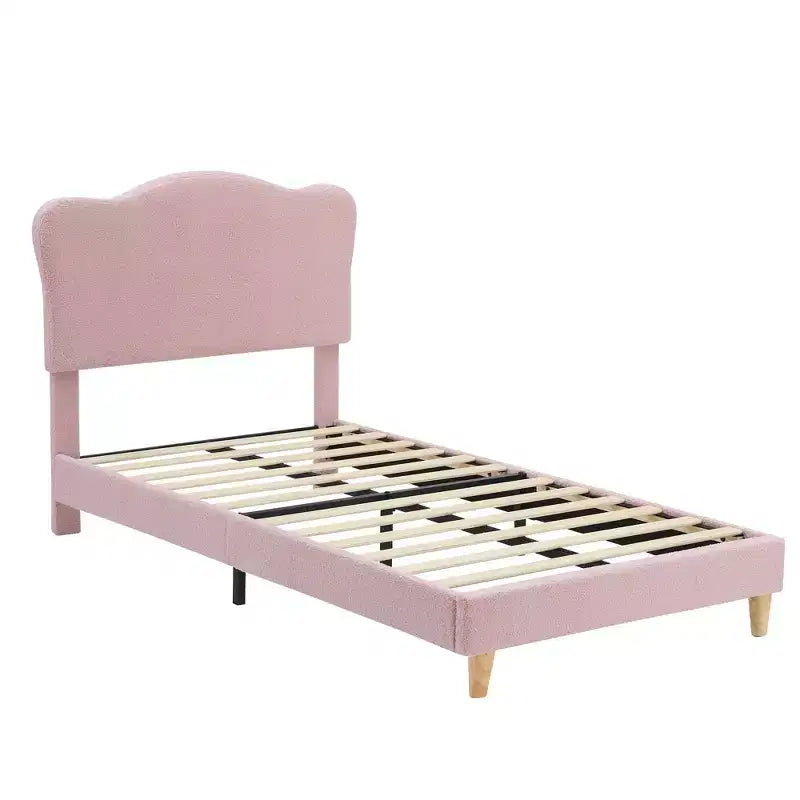 Cadre de lit double rembourré pour enfants avec tête de lit festonnée, lit double mignon en velours pour filles, garçons, lit plateforme robuste, pas besoin de sommier tapissier