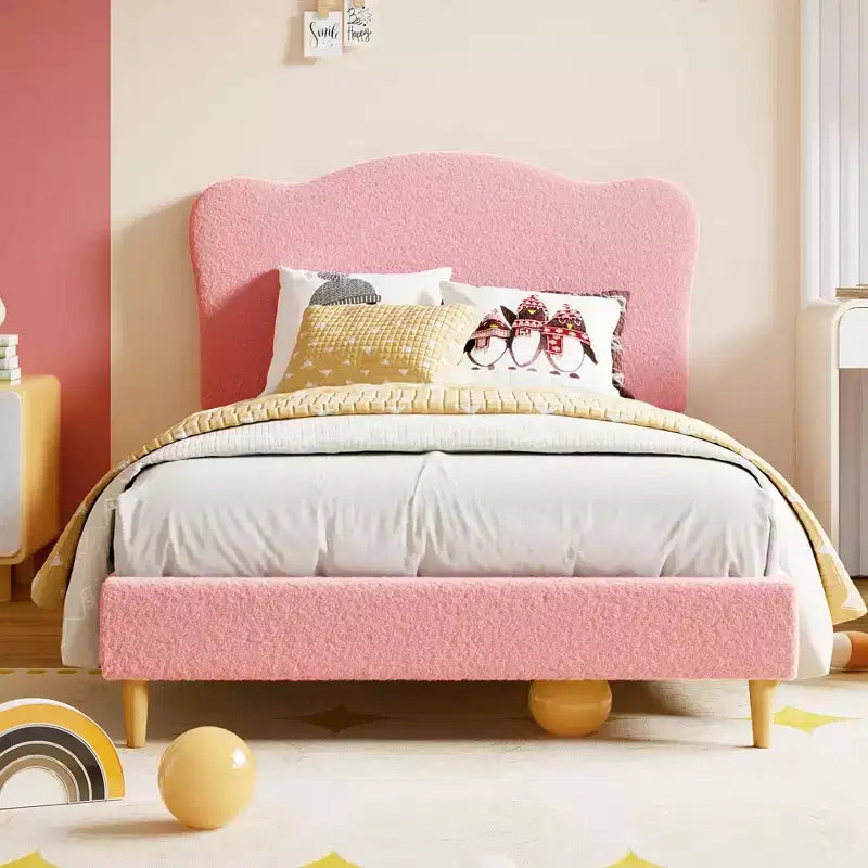 Cadre de lit double rembourré pour enfants avec tête de lit festonnée, lit double mignon en velours pour filles, garçons, lit plateforme robuste, pas besoin de sommier tapissier