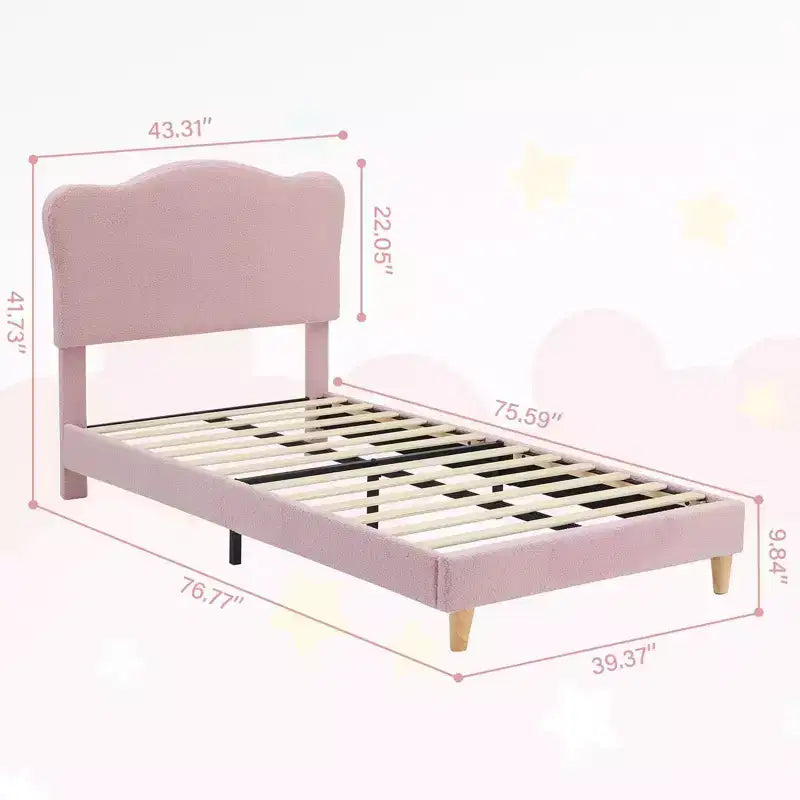 Cadre de lit double rembourré pour enfants avec tête de lit festonnée, lit double mignon en velours pour filles, garçons, lit plateforme robuste, pas besoin de sommier tapissier