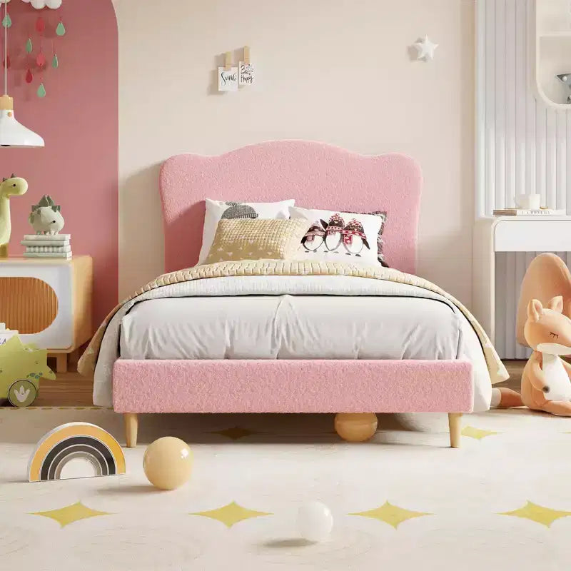 Cadre de lit double rembourré pour enfants avec tête de lit festonnée, lit double mignon en velours pour filles, garçons, lit plateforme robuste, pas besoin de sommier tapissier