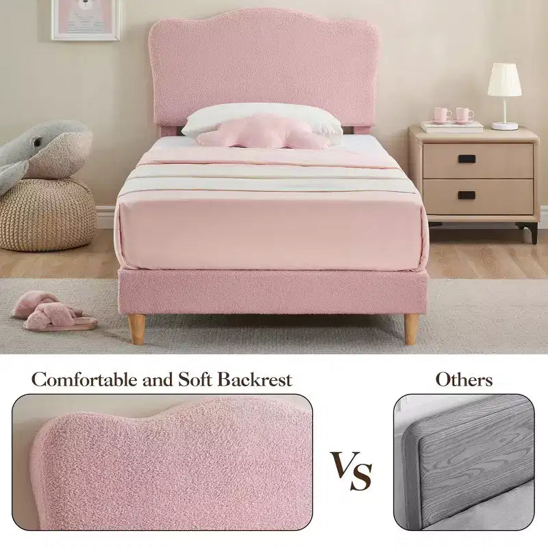 Cadre de lit double rembourré pour enfants avec tête de lit festonnée, lit double mignon en velours pour filles, garçons, lit plateforme robuste, pas besoin de sommier tapissier