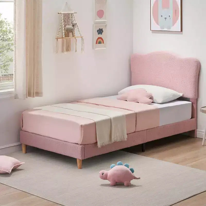 Cadre de lit double rembourré pour enfants avec tête de lit festonnée, lit double mignon en velours pour filles, garçons, lit plateforme robuste, pas besoin de sommier tapissier