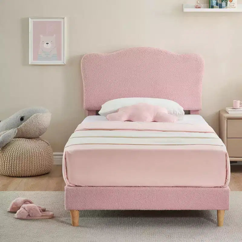 Cadre de lit double rembourré pour enfants avec tête de lit festonnée, lit double mignon en velours pour filles, garçons, lit plateforme robuste, pas besoin de sommier tapissier