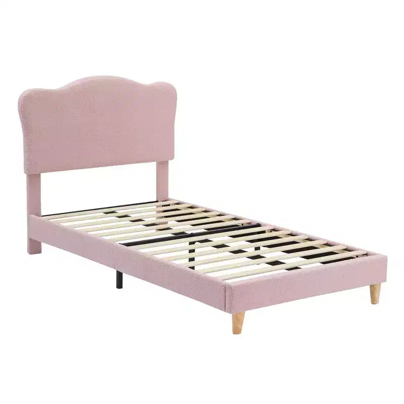 Cadre de lit double rembourré pour enfants avec tête de lit festonnée, lit double mignon en velours pour filles, garçons, lit plateforme robuste, pas besoin de sommier tapissier
